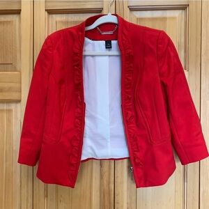 White House Black Market Red Ruffle Zip Blazer Size 4 #5